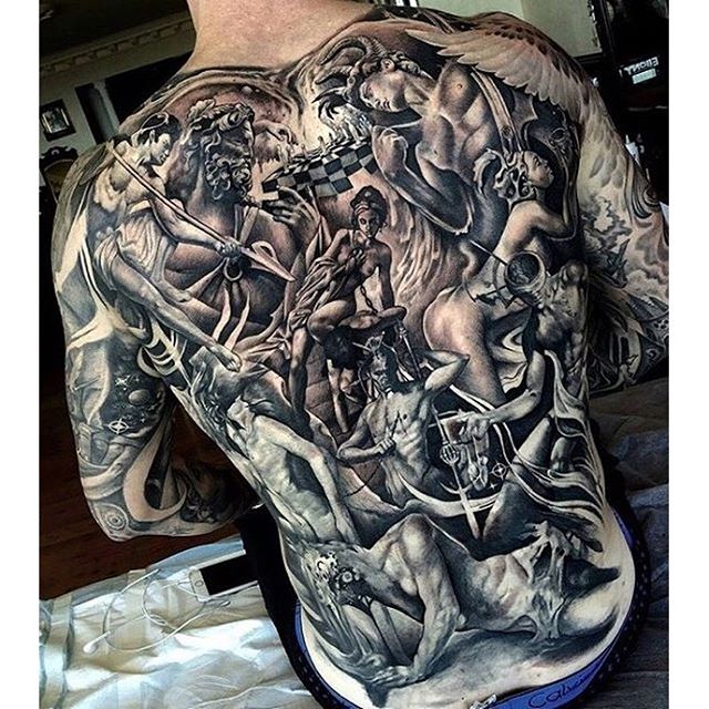 Incredible Realistic Colored Good Vs Evil Tattoo On Full Back