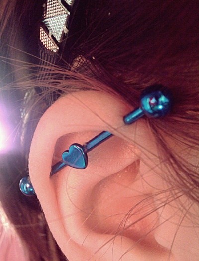 Industrial Piercing With Blue Heart Barbell by Psychopaticcupcake
