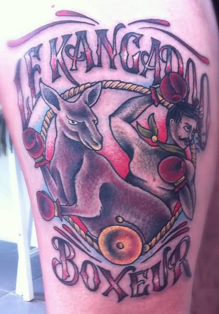 Kangaroo And Men Boxers In Rope Circle And Lettering Traditional Tattoo