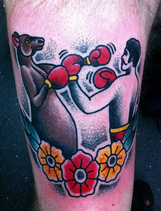 Kangaroo Boxing With Men Traditional Tattoo
