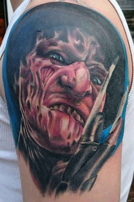 Large 3D Freddy Krueger Portrait Tattoo On Left Shoulder