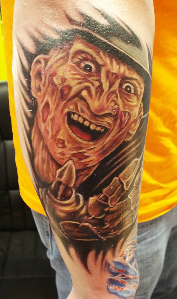 Large Freddy Krueger Smiling Color Tattoo On Half Sleeve