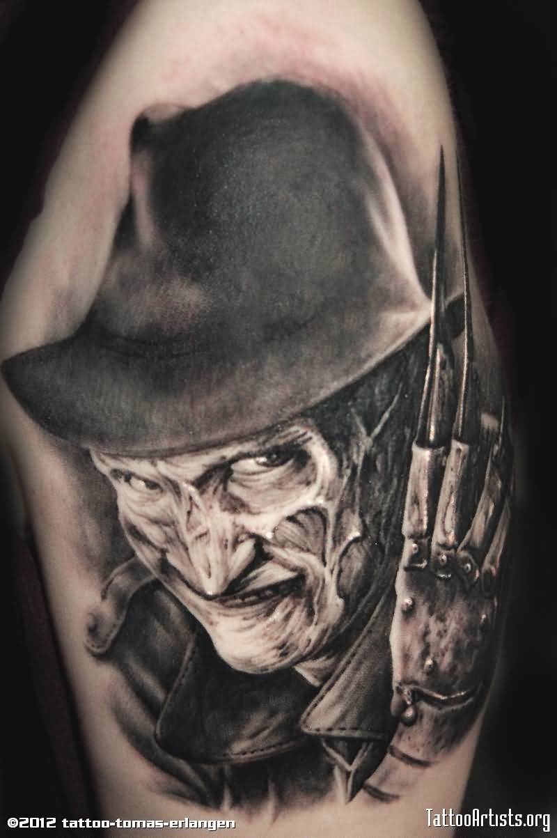 Large Grey Ink Freddy Krueger Horror Tattoo