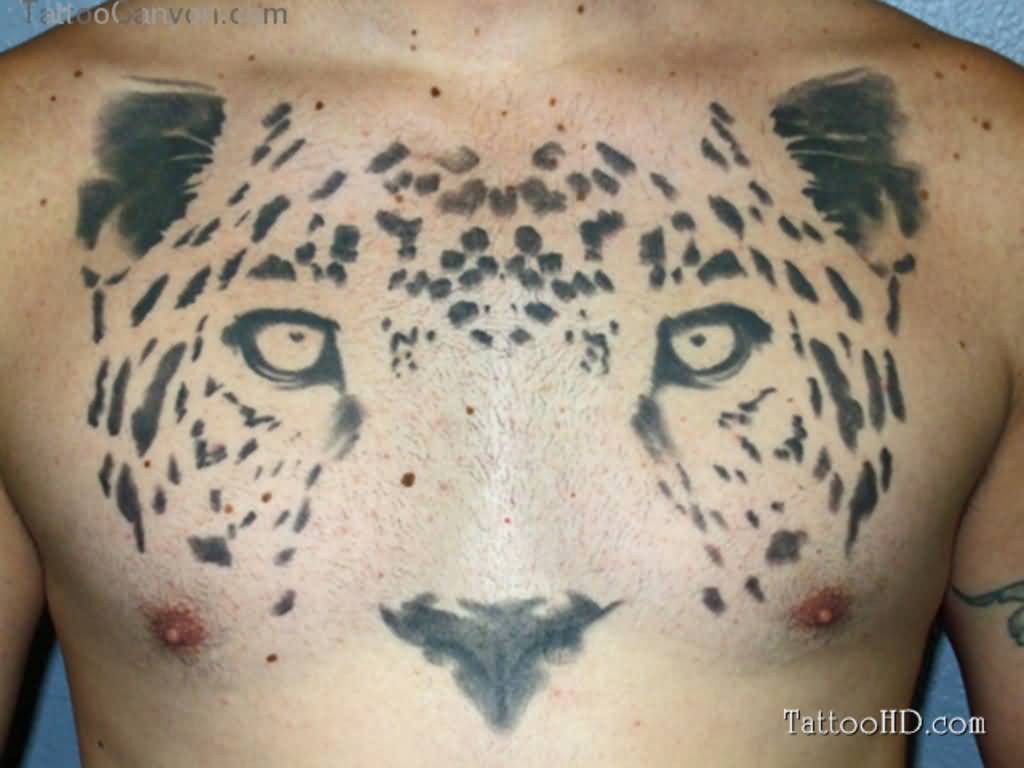 Large Jaguar Face Tattoo On Chest For Men
