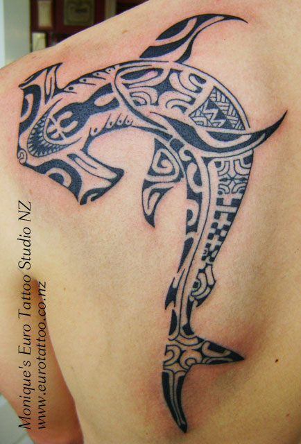 Long Maro Tribal Hammerhead Shark Tattoo On Back Left Shoulder