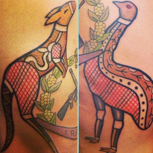 Lovely Aboriginal Style Kangaroo With Bird Tattoo