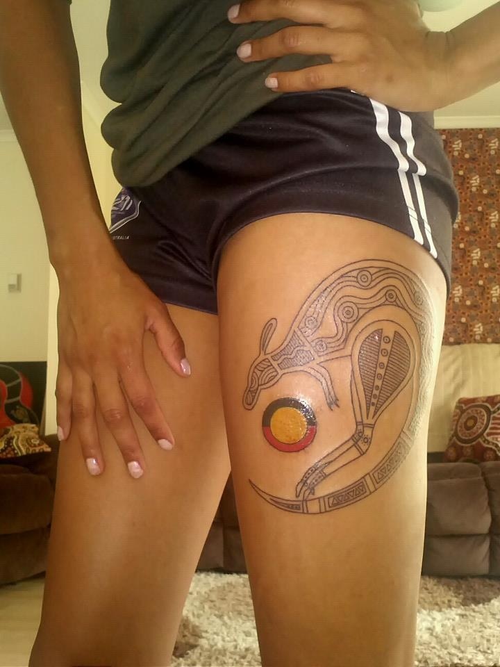 Lovely Aboriginal Style Kangaroo With Circle Tattoo On Left Thigh