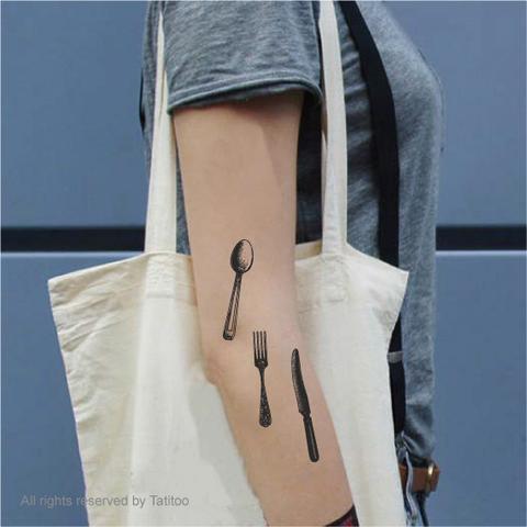 Lovely And Small Black And Grey Fork With Spoon And Knife Tattoo On Arm Sleeve