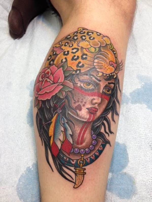 Lovely Aztec Jaguar Traditional Tattoo On Leg