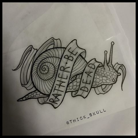 Lovely Black And White Snail Covered With Banner Tattoo Design