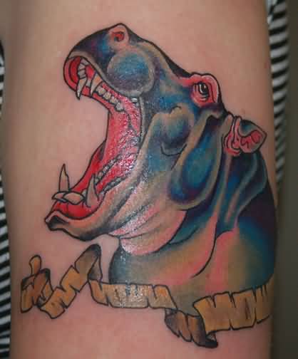 Lovely Blue Color Egyptian Hippo Head Opening Mouth With Banner Tattoo