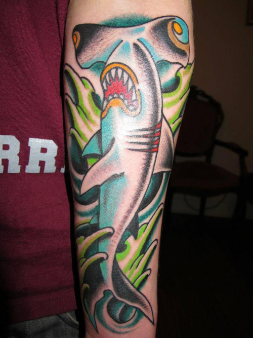 Lovely Blue Color Hammerhead Shark Tattoo On Arm Sleeve By Sam Ricketts