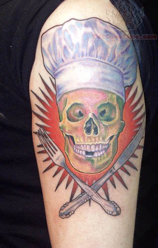 Lovely Chef Skull With Crossed Fork And Knife Tattoo Design On Half Sleeve