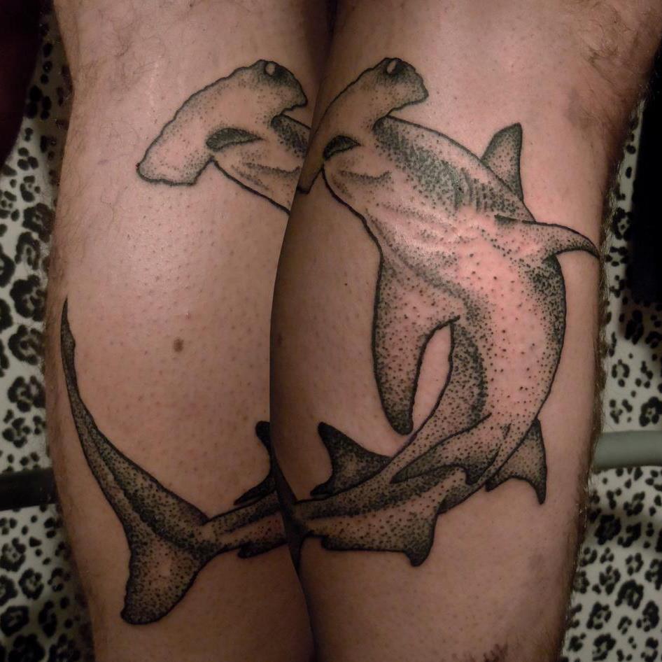 Lovely Grey Hammerhead Shark Dotwork Tattoo