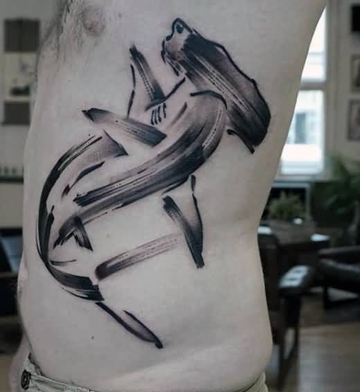 Lovely Grey Hammerhead Shark Watercolor Tattoo On Side Rib For Men