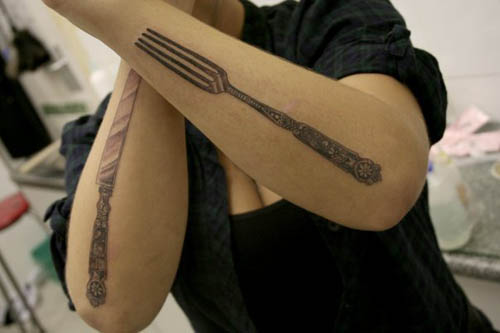 Lovely Grey Vintage Fork And Knife Tattoo On Arm Sleeve