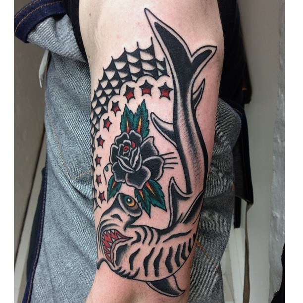 Lovely Hammerhead Shark Traditional Tattoo On Arm Sleeve