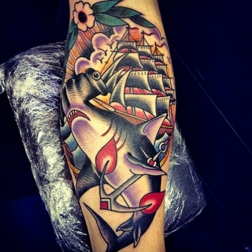 Lovely Hammerhead Shark With Nautical Ship Traditional Tattoo