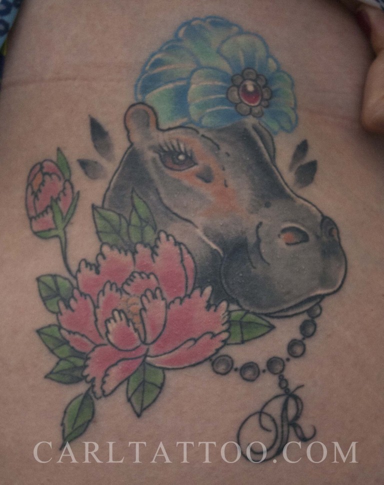 Lovely Hippo With Necklace Traditional Tattoo
