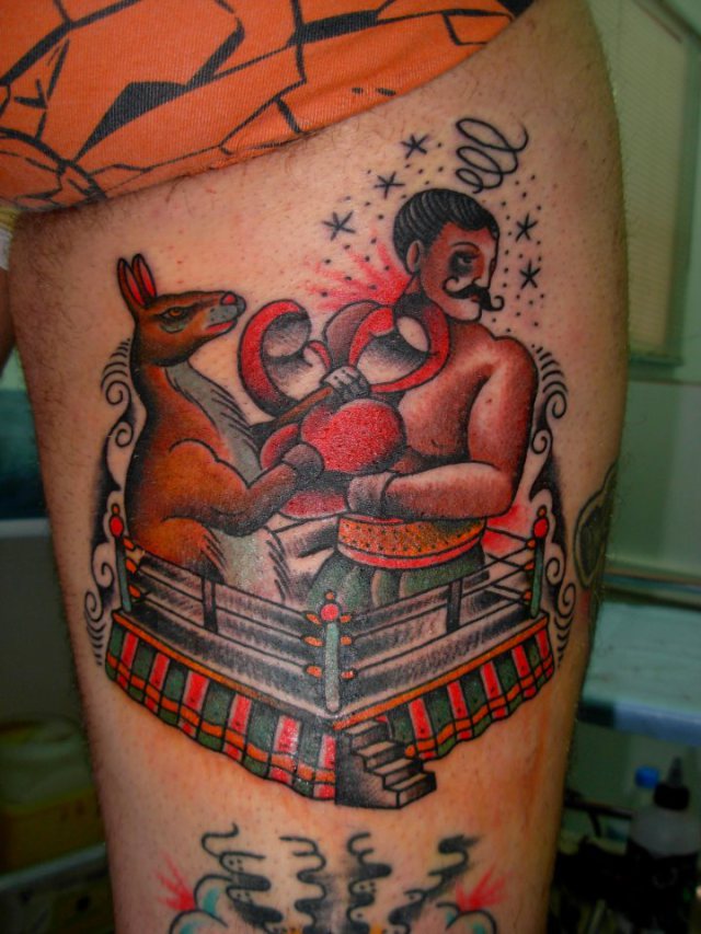 Lovely Men And Kangaroo Boxers In Boxing Ring Traditional Tattoo
