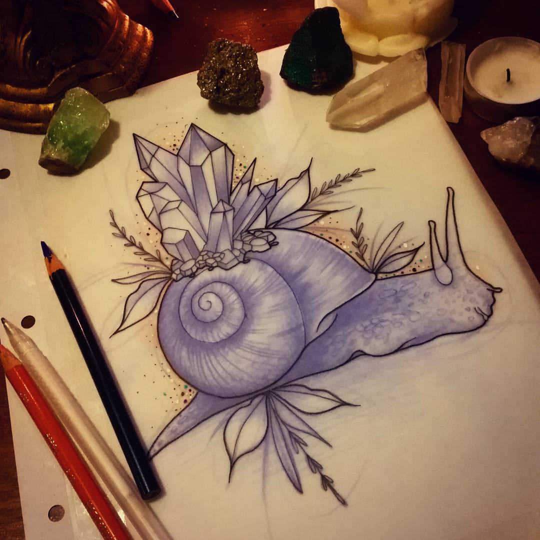 Lovely Purple Snail Having Crystals On Shell Tattoo Sample