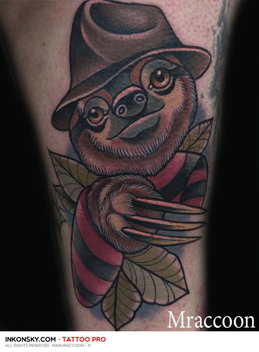 Lovely Raccoon In Freddy Krueger Style Traditional Tattoo.