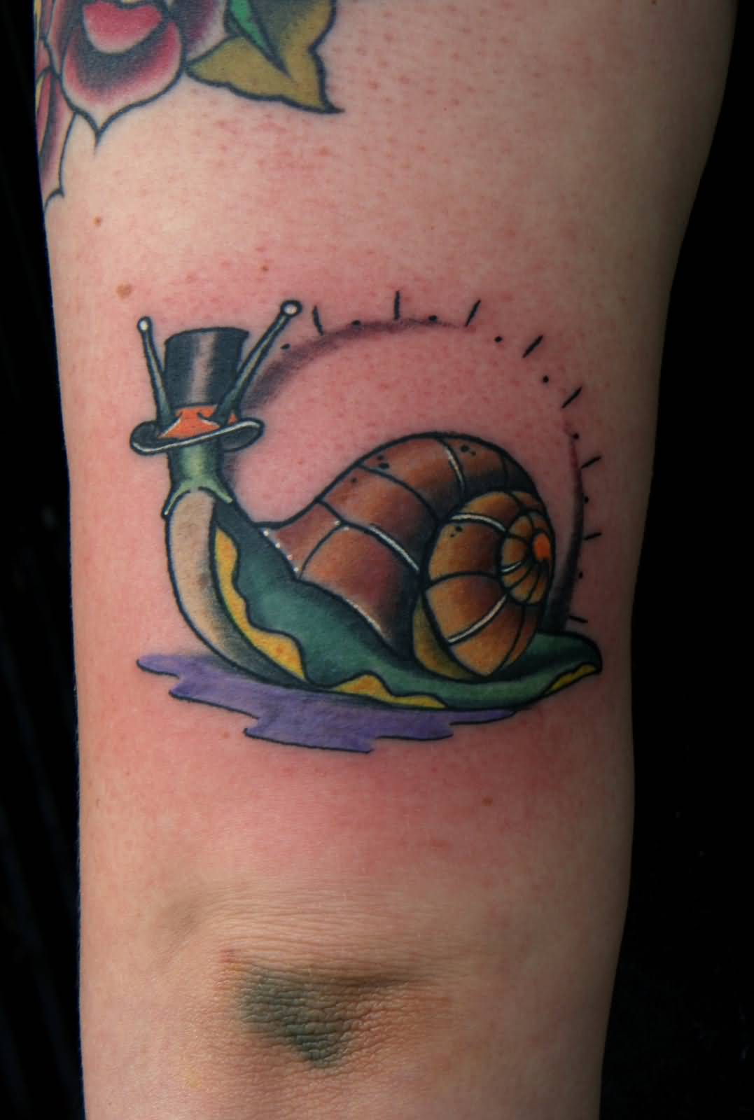 Lovely Snail Wearing Hat Colored Tattoo On Triceps