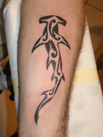 Lovely Tribal Hammerhead Shark Tattoo On Arm Sleeve