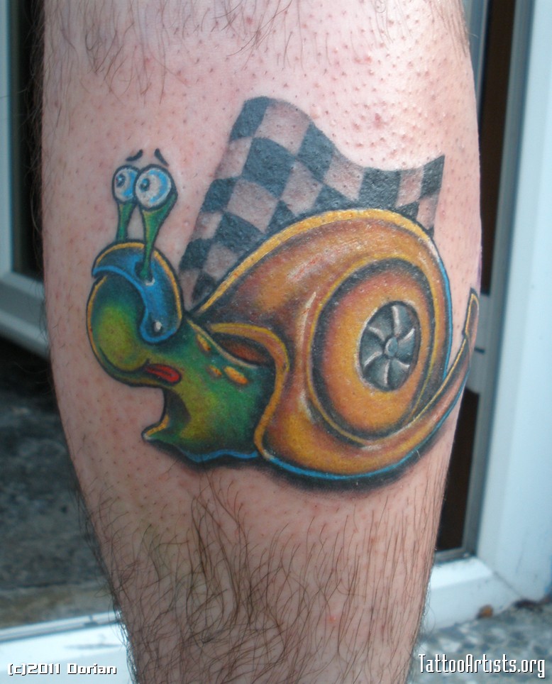 Lovely Turbo Snail With Rally Flag Tattoo