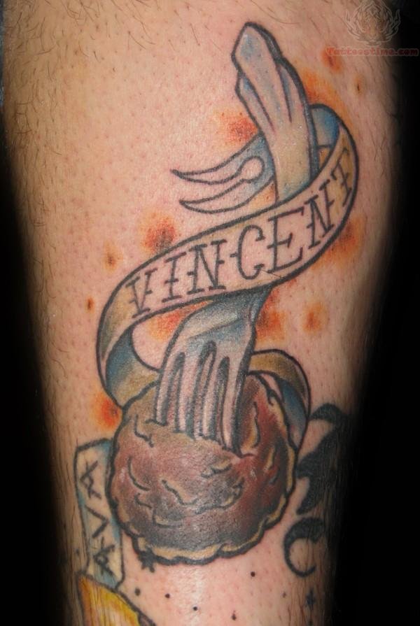 Lovely Vincent Banner And Fork Tattoo Design