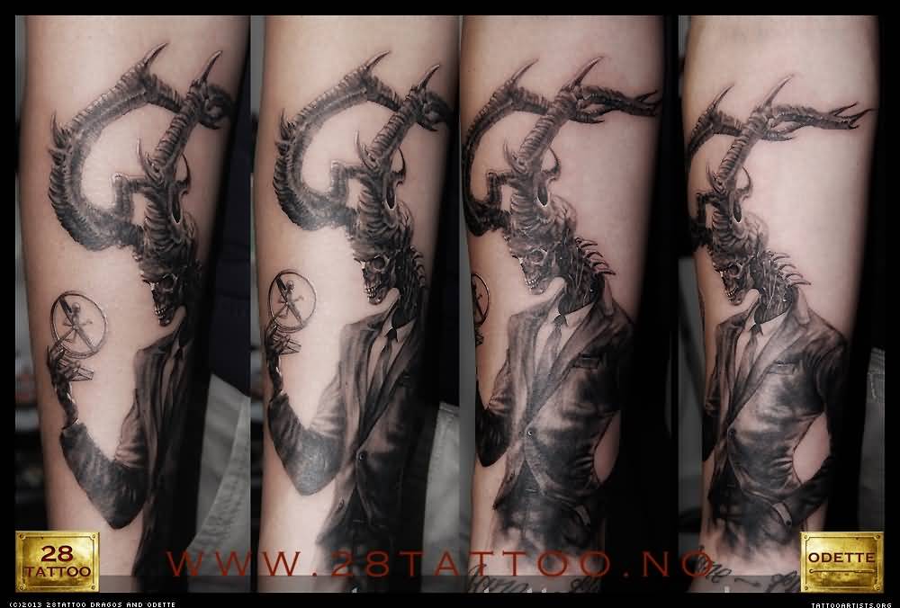 Magnificent Grey Evil Skeleton Wearing Suit And Having Horns Tattoo