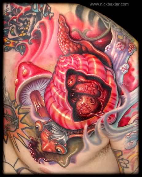 Magnificent Snail With Mushrooms Large Tattoo