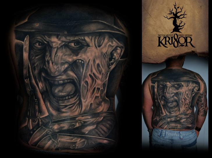 Marvelous Dark Ink Scary Freddy Krueger Tattoo On Full Back