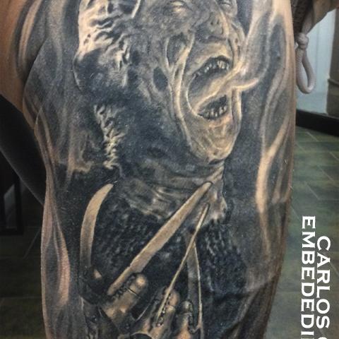 Marvelous Grey Ink Freddy Krueger Portrait Tattoo