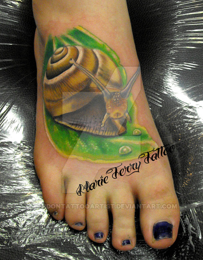 Marvelous Snail On Leaf Colorful Tattoo On Foot By LondonTattooArtist
