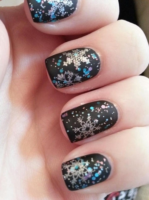 Matte Black Nails With Dots And Snowflakes Design Winter Nail Art