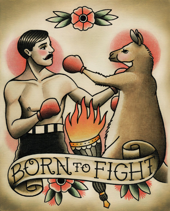 Men Boxing Against Kangaroo With Born To Fight On Banner Traditional Tattoo Design