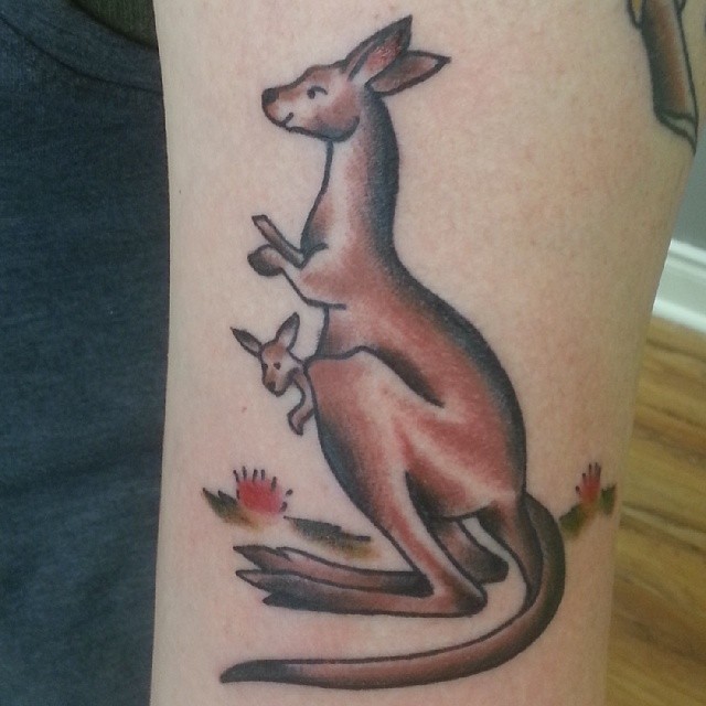 Mother Kangaroo Carrying Baby Kangaroo Traditional Tattoo On Left Half Sleeve