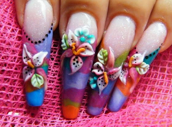 Multicolored Long Nails With 3D Flowers Nail Art