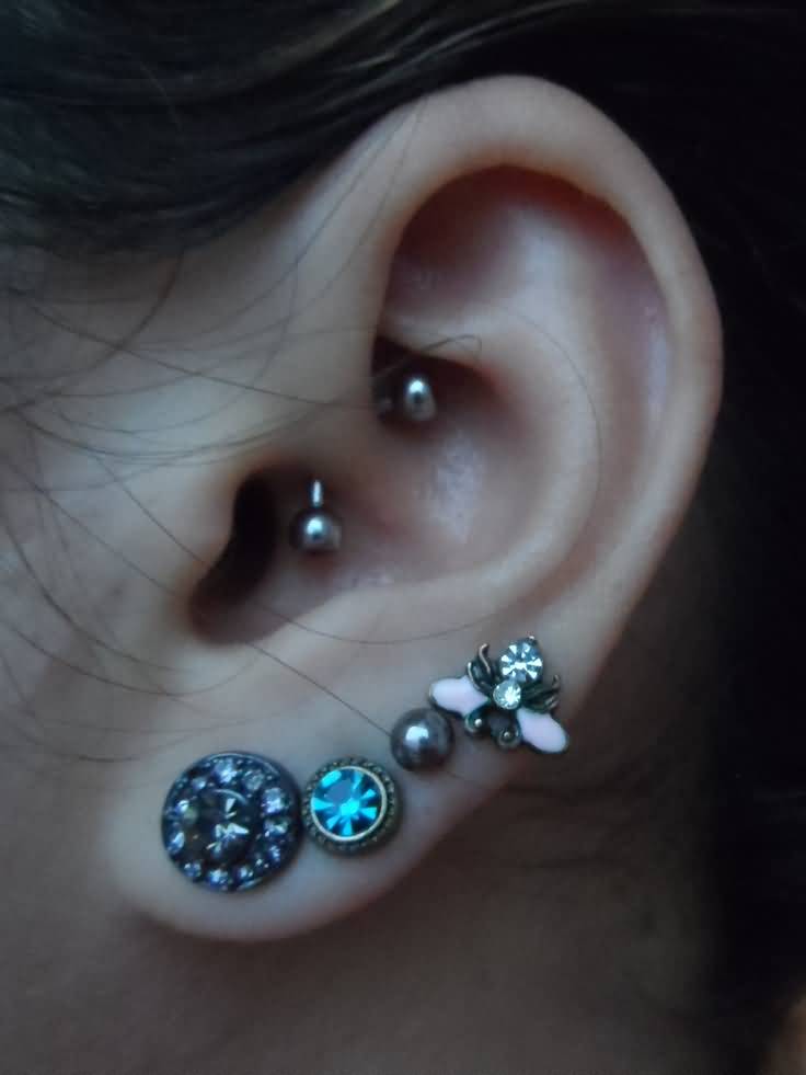 Multiple Ear Lobes And Curved Barbell Daith Piercing