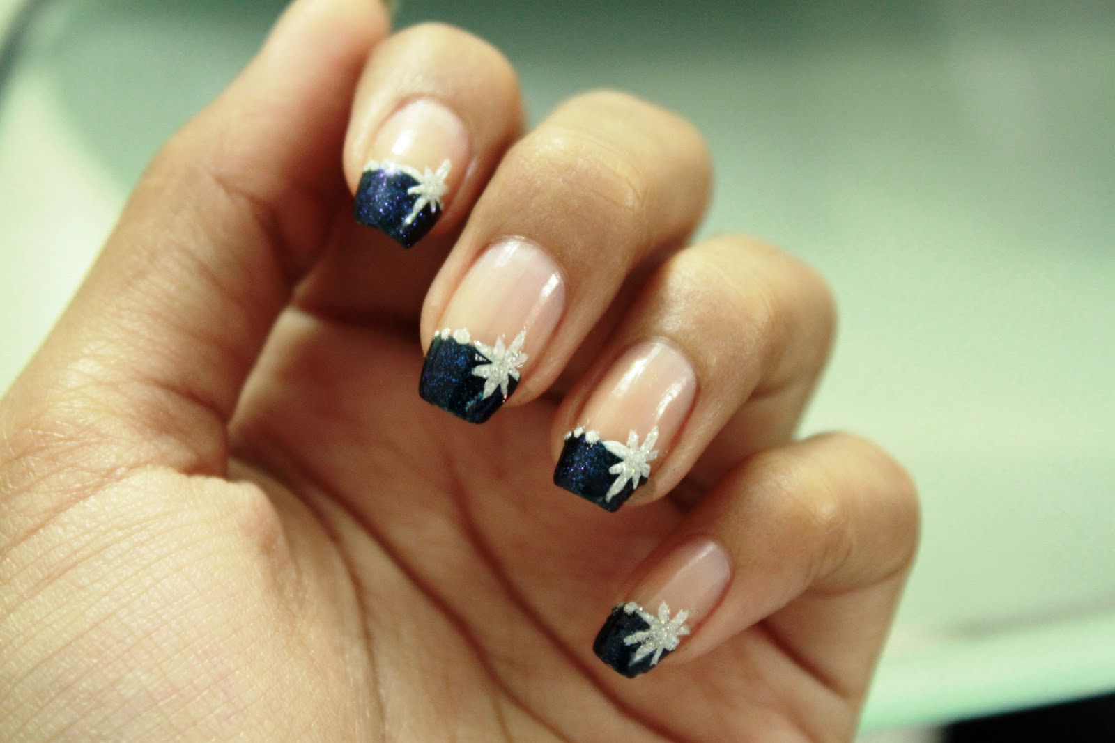 Navy Blue French Tip Glitter With Snowflakes Design Winter Nail Art