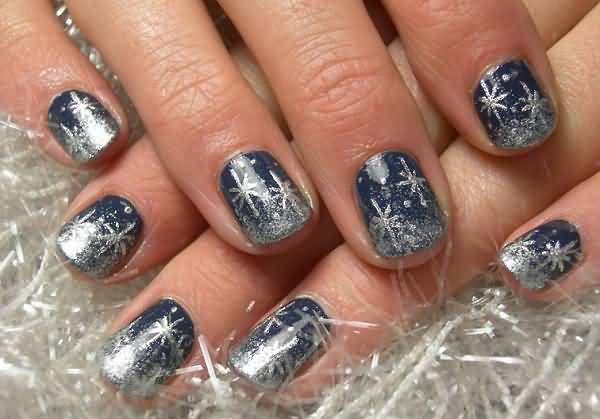 Navy Blue Nails With Silver Snowflakes Design Winter Nail Art