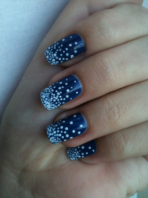 Navy Blue Nails With White Polka Dots Winter Nail Art