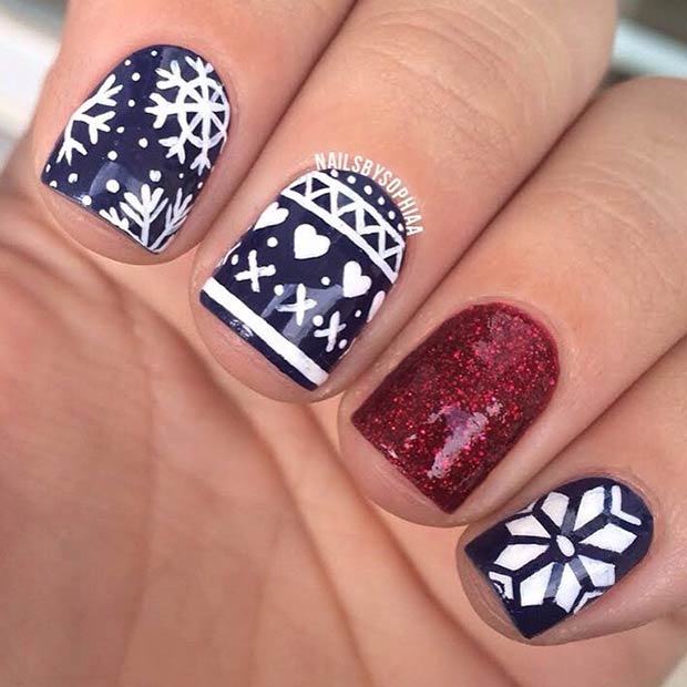 Navy Blue Nails With White Snowflakes Design Winter Nail Art