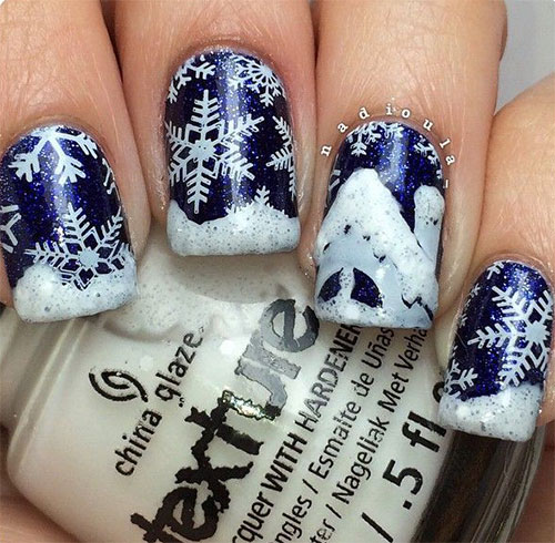 Navy Blue With White Snowflakes Design Winter Nail Art