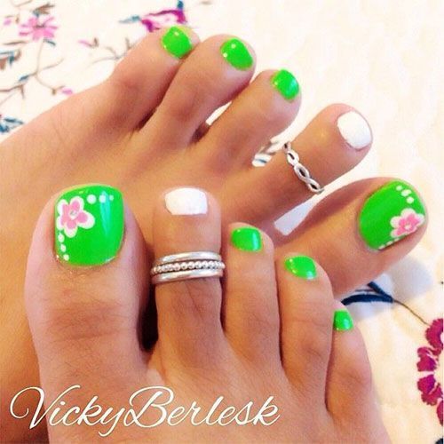 Neon Green With Flowers Toe Nail Art