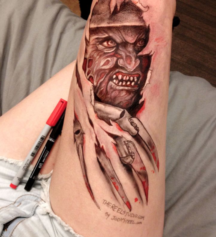 Nice 3D Freddy Krueger Ripped Skin Tattoo On Thigh