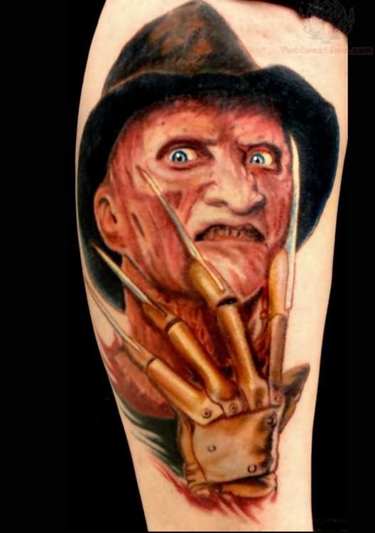 Nice Angry Freddy Krueger Portrait Color Tattoo