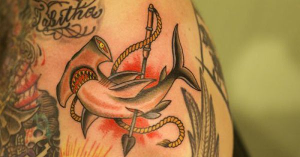 Nice Arrow Ripped Hammerhead Shark Traditional Tattoo
