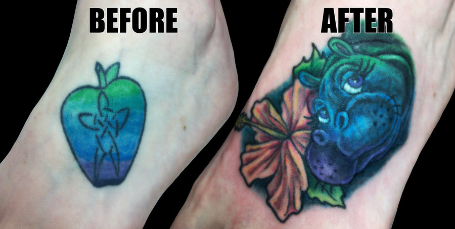 Nice Blue Apple And Egyptian Hippo With Hibiscus Tattoos By BlvqWulph
